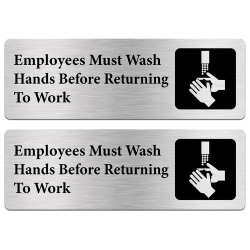 Silvivao Employees Must Wash Hands Signs, Wash Hands Signs for Business, 9 x 3 Inches Brushed Aluminum, Waterproof, Self-adhesive for Offices, Restaurants, Hotels, Rest Stops, Public Restrooms - Silver (2 Pack)