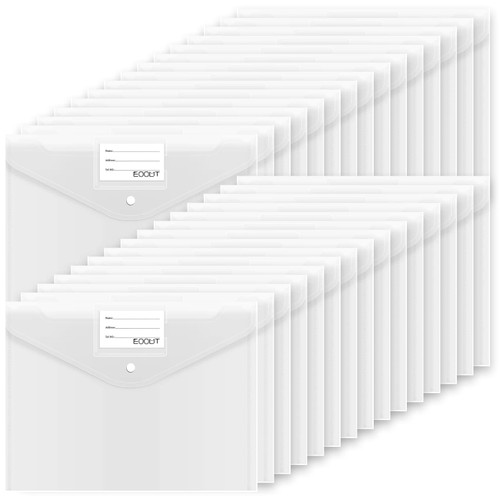 EOOUT 30pcs Plastic Envelopes, Clear Envelopes with Snap Closure, Document Folders Letter Size A4 Size File Envelopes with Label Pocket for School Home Work Office Organization