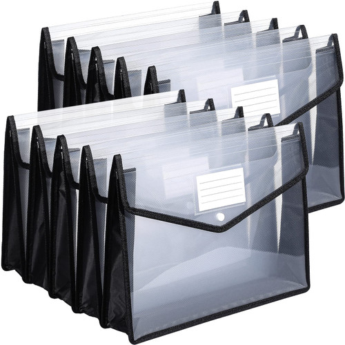 10 Pieces Plastic File Folders Envelope Expanding File Wallet Organizer Documents Folder with Snap Closure and Pocket, A4 Size Waterproof Transparent File Pouch for School (Horizontal, Black)