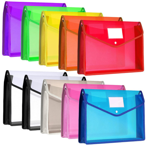 10 Pieces Plastic File Folders Envelope Expanding File Wallet Organizer Documents Folder with Snap Closure and Pocket, A4 Size Waterproof Transparent File Pouch for School (Horizontal, Multicolor)