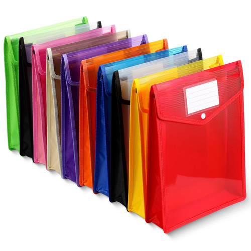 10 Pieces Plastic File Folders Envelope Expanding File Wallet Organizer Documents Folder with Snap Closure and Pocket, A4 Size Waterproof Transparent File Pouch for School (Vertical, Assorted Color)