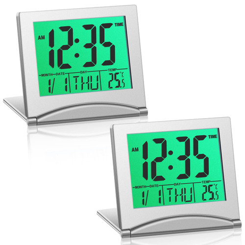 Highergo 2 Pcs Digital Travel Alarm Clock with Backlight Foldable Calendar Temperature Timer LCD Clock Snooze Mode Battery Operated Portable Large Display Desk Clock (Green Backlight)