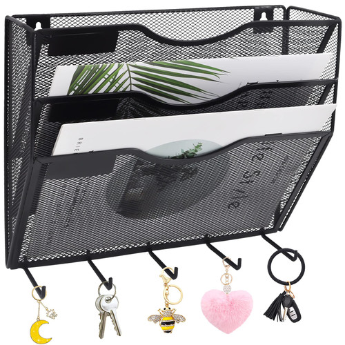 EASEPRES 3 Pockets Mesh Wall File Holder Organizer Office Hanging Magazine Rack with Key Holder Hooks, Black