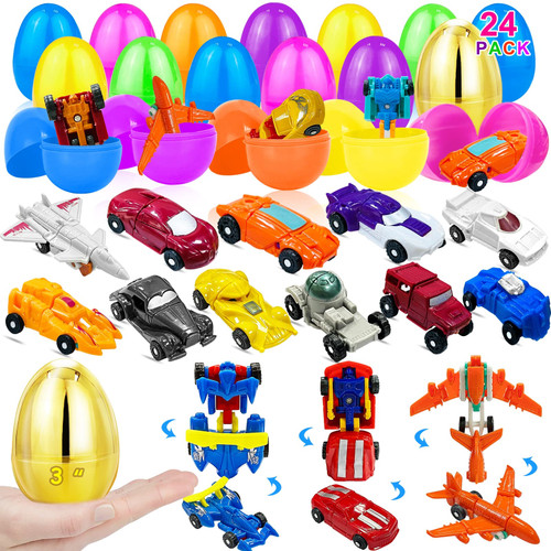 [ 1 Gold Egg ] 24 Pack Easter Egg Filled with Transform Car Robot Toys, 24 Easter Eggs + 24 Easter Toys for Kid, Easter Basket Stuffers Prefilled Plastic Easter Egg for Boys 24 Vehicle Easter Egg Hunt