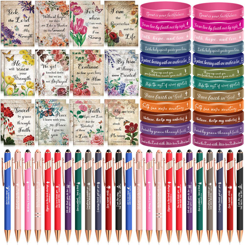 Estune 72 Pcs Christian Gifts Set Bulk Bible Notebooks Christian Scripture Ballpoint Pens Bible Quote Bracelets Motivational Christian Gifts for Women Men School Office Supplies (Vintage Style)