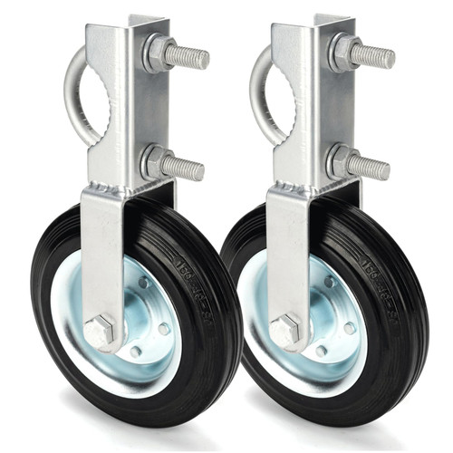 FUQILALA 6" Metal Gate Wheel Supporting Swing Gate with 1-5/8" Thru 2" Gate Frames, Heavy Duty Gate Helper Wheel Gate Support Wheel for Chain Link Fence, Prevent Gate from Dragging, 2 Pack(White)