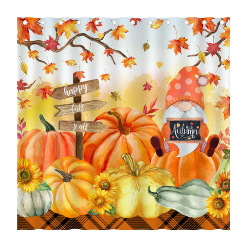 TRIKPTEY Fall Shower Curtain, Happy Fall Cute Gnome Watercolor Pumpkins Under Maple Tree Leaves Autumn Harvest Shower Curtain Set for Bathroom, Thanksgiving Bathroom Decor with Hooks 72 x 72 Inches