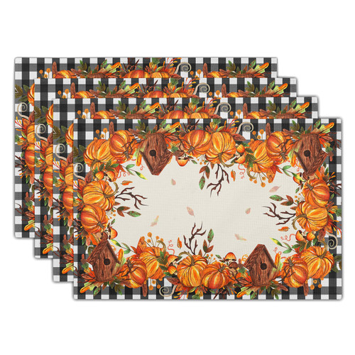 Fall Linen Placemats Set of 4 Autumn Thanksgiving Pumpkin Non Slip Heat-Resistant Washable Wipeable Table Place Mat Tablemat for Kitchen Dining Table Home Decoration 12" x 18"