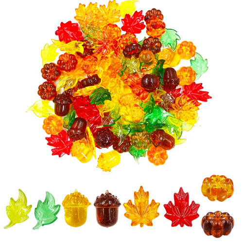 Acrylic Fall Decorations, 100Pcs Mini Acrylic Pumpkin Maple Leaves Acorns Sensory Bin Fillers Fall Vase Filler for Thanksgiving Home Table Scatters Autumn Table Scatters Decoration
