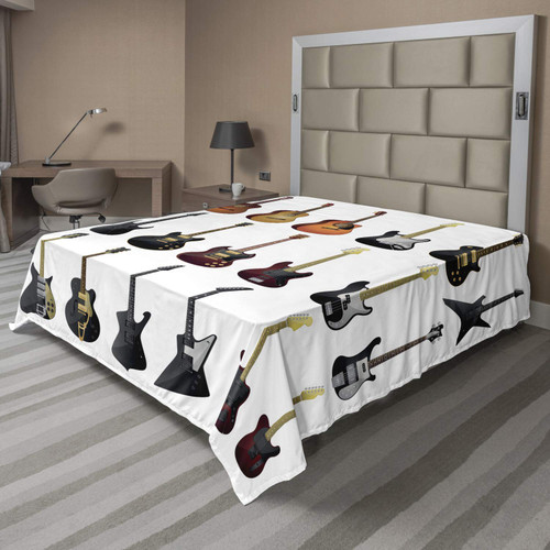 Ambesonne Music Flat Sheet, Instruments Pattern Classical and Bass Varieties of Guitars Rock and Jazz Music Theme, Soft and Comfortable Top Sheet Decorative Bedding 1 Piece, Full Size, Grey Black