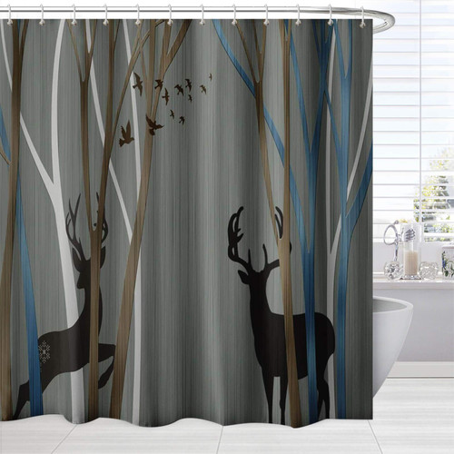 BROSHAN Modern Deer Shower Curtain for Bathroom, Abstract Reindeer and Bird Tree Forest Art Print Bath Curtain Polyester, Animal Waterproof Fabric Bathroom Curtains Set with Hooks, 72 inch