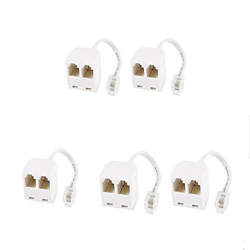 GFORTUN Beige 6P4C 4 Pin RJ11 Dual Female to 4 Pin RJ11 Male Socket Plug Cord 2-Way Cable Splitter Adapter for Landline Telephone (5 Pack)