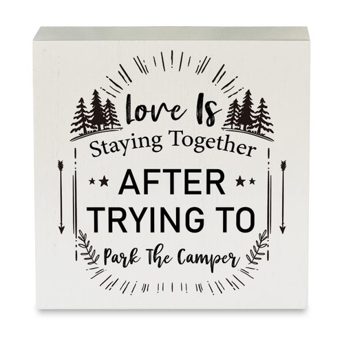 Love is Staying Together Camper Wood Box Sign Rustic Camping Wooden Box Sign Decorative Country Sign Block Plaque for Home Desk Table Shelf Decor 5"x 5"