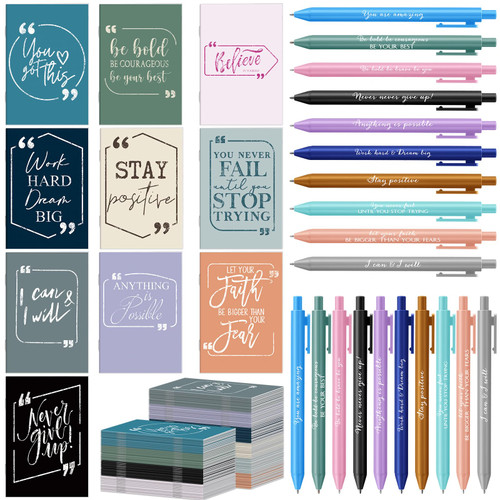 Fulmoon Inspirational Gifts Notepads Pens Set Motivational Quote Pens Bible Verse Pocket Journal Notebooks Black ink Ballpoint Pens for Teacher Student School Office Back to School Gifts (200 Pcs)