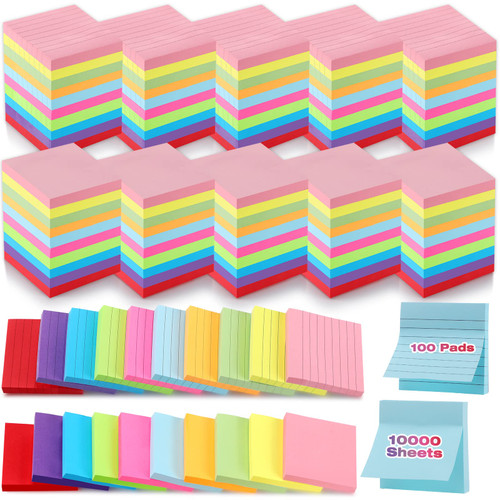 100 Pad Sticky Notes 3x3 Inches Lined Self Stick Note Pad 10 Bright Colors Note Pads Sticking Power Memo Pads Easy to Post Notes for School Classroom Teacher, 100 Sheets/Pad