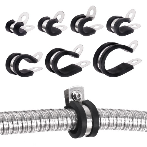 Glarks 26Pcs 3/8'' 304 Stainless Steel Cable Clamps, Rubber Cushioned Insulated Clamps Hose Clamps Loop Clamps Pipe Clamps Metal Clamps Set for Tube, Pipe or Wire Cord Installation
