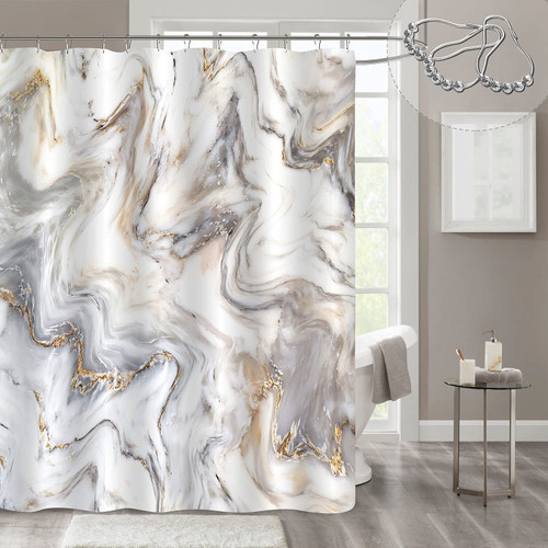 Gibelle Grey Gold Marble Abstract Neutral Shower Curtain for Bathroom Decor, Modern Luxury Art Waterproof Fabric Curtain Set with Hooks, Unique Bath Accessories, 72 x 72