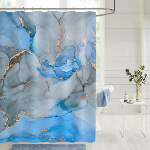 Gibelle Long Fabric Shower Curtain 72 x 78, Tall Abstract Blue Grey Marble Shower Curtain, Modern Ink Art Waterproof Fabric Shower Curtain Set with Hooks