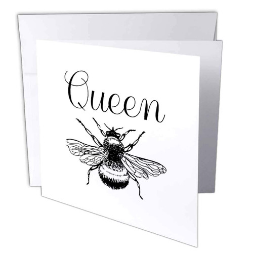 3dRose Queen Bee. Black script and bee clipart on a white background. - Greeting Cards (gc_327730_1)