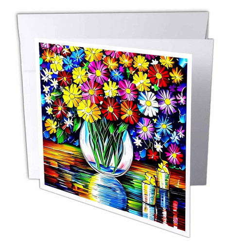 3dRose Bunch of colorful flowers in a round glass bowl on the table... - Greeting Cards (gc-375611-1)