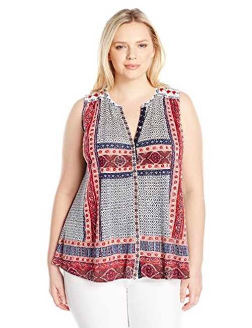 Lucky Brand Women's Plus Size Border Print Button Up Shell, Red/Multi 1X