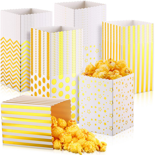 120 Pcs Mini Popcorn Boxes Cardboard Popcorn Containers Popcorn Favor Boxes Gold Foil Dot Stripe Star Wave Candy Buffet Containers Set Popcorn Buckets for Party Wedding Baby Shower, 3 x 4 x 3 Inch