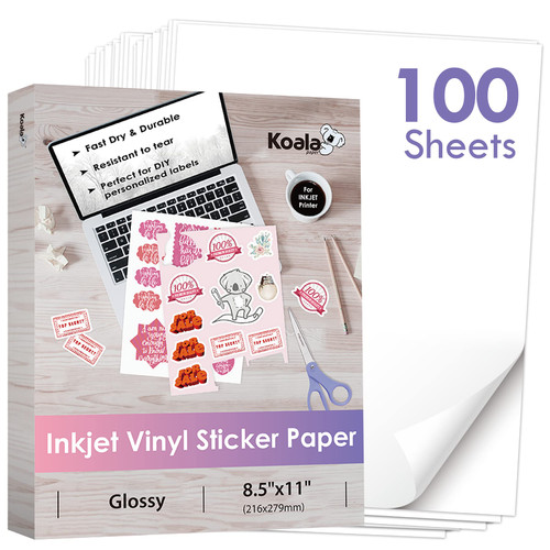Koala Printable Vinyl Sticker Paper for Inkjet Printers - 100 Sheets Glossy White Waterproof Adhesive Label Paper - 8.5x11 Inch, Tear-Resistant, Removable Koala Printable Vinyl Sticker Paper for Inkjet Printers - 100 Sheets Glossy White Waterproof Adhesive Label Paper - 8.5x11 Inch, Tear-Resistant, Removable