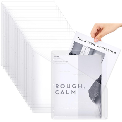 Seajan 48 Pcs Poly Translucent Slash File Jacket Binder Organizer Pockets 3 Hole Punch Binder Folders 3 Ring Binder Plastic Sleeves for Paper Document (White)