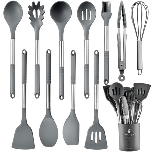 Keidason Kitchen Silicone Cooking Utensils Set, 12-piece Non-stick Kitchen Utensils Sets Heat-resistant, BPA-Free,Stirring Kitchen Tool Set -Grey