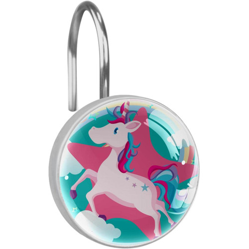 Shower Curtain Hooks, Rust Proof Decorative Shower Curtain Hooks Hangers for Bathroom Curtains, Clothing, Unicorn Cartoon Clouds Sky Rainbow