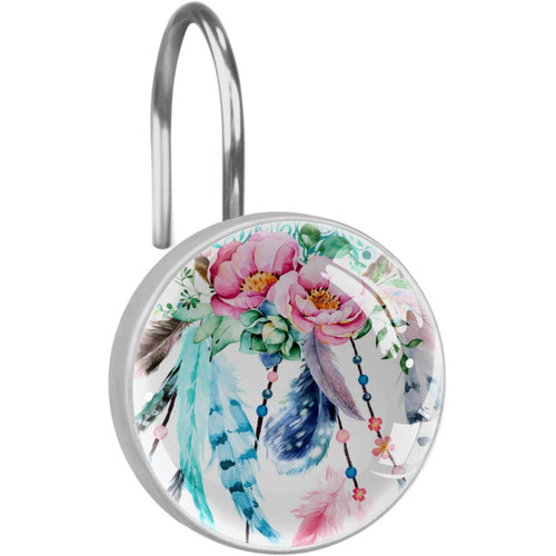 Shower Curtain Hooks, Rust Proof Decorative Shower Curtain Hooks Hangers for Bathroom Curtains, Clothing, Dream Catcher Plumeria Ethnic Tribal Vintage
