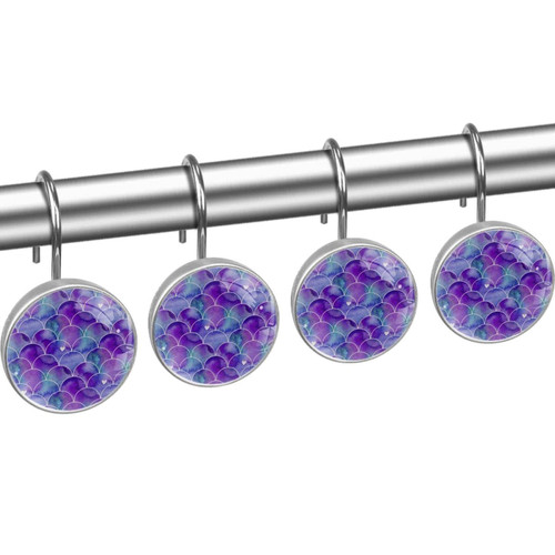 Shower Curtain Hooks, Rust Proof Set of 12 Decorative Shower Curtain Hooks Hangers for Bathroom Curtains, Clothing, Scale Pattern Purple Cartoon Mermaid