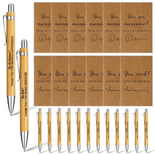 SATINIOR Thank You Gifts Bulk Inspirational Bamboo Pen Motivational Pocket Kraft Notebook Employee Appreciation Gift Retractable Ballpoint Pen Coworker Gift for Office Teacher Volunteer (24 Pcs)