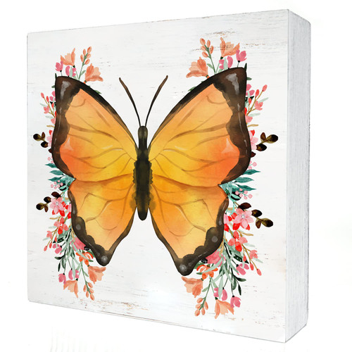 Floral Butterfly Wood Box Sign Home Decor Rustic Summer Butterfly Wooden Box Sign Block Plaque for Wall Tabletop Desk Decoration