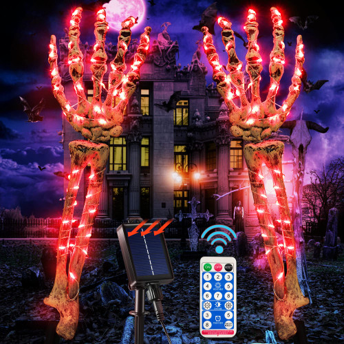 Hiboom Solar Halloween Decorations, 2 PCS Lighted Skeleton Arm Stakes,120 LED Waterproof Solar Powered Skeleton Hands with 8 Lighting Modes, Halloween Pathway Lights for Graveyard Outdoor(Red)
