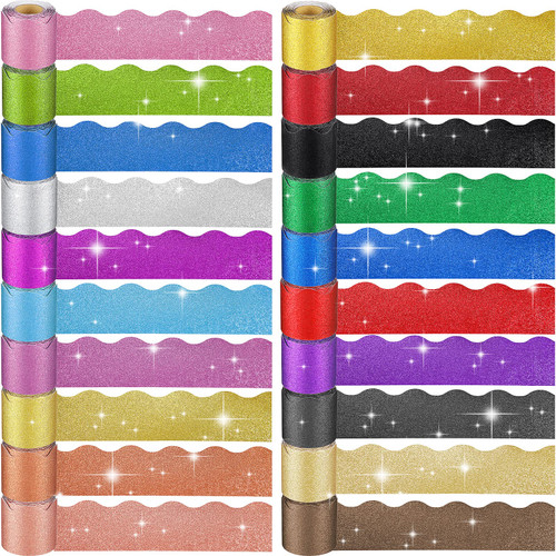 Colarr 20 Rolls 393.7 Feet Glitter Bulletin Board Borders Shine Scalloped Bulletin Board Trim Die Cut Poster Border Trim for Classroom School Office Wall Bulletin Board Decoration, 20 Colors