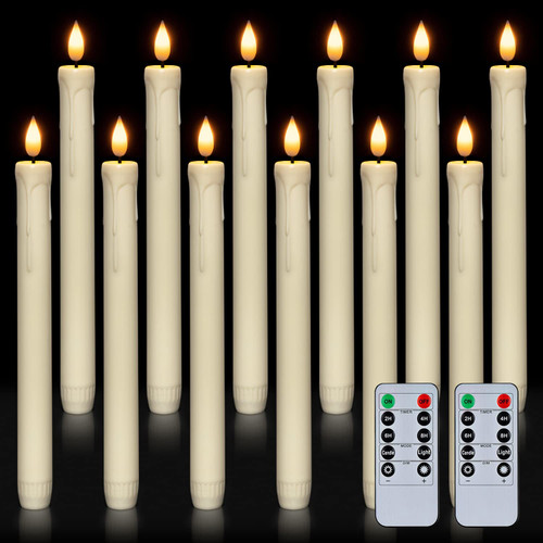 Homemory 12 Pcs Plastic Flameless Taper Candles with Remote Timer Dimmer, Ivory Led Candlesticks with Flickering Flame Light, Lifelike Taper Candles Battery Operated for Indoor Decoration 9.6 Inches