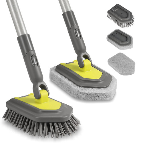 Tub Tile Scrubber Brush Kit with 3 Replacement Brush Heads, 2 in 1 Extendable 50" Long Handle Shower Scrubber Cleaning Brush Stiff Bristles Brush Sponge for Cleaning Shower Bathroom Bathtub Floor Tile