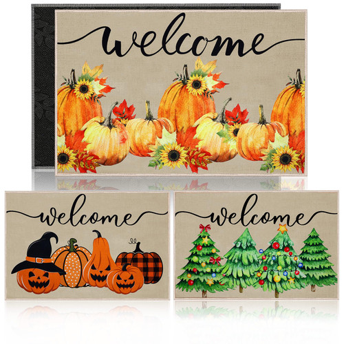 3 Pcs Fall Gnome Welcome Door Mats Halloween Thanksgiving Gnome Welcome Mats Christmas Door Rugs Decorative Front Door Mats Non Slip Washable Doormat for Outdoor Indoor Autumn Winter Entrance Decor