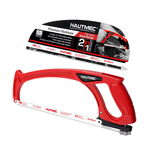 HAUTMEC 12 inch Hacksaw, Adjustable Heavy Duty Hacksaw Frame with High-Tension 24 TPI Bimetal HSS Blade for Metal,Pipe,PVC,Wood Cutting HT0101