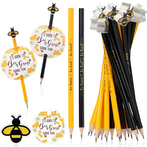 PerKoop 50 Sets Bee Themed Back to School Gifts Including Presharpened Cute Pencils Bee Erasers Back to School Postcards for First Day of School Kids Girl Boy Classroom Reward Party Favor