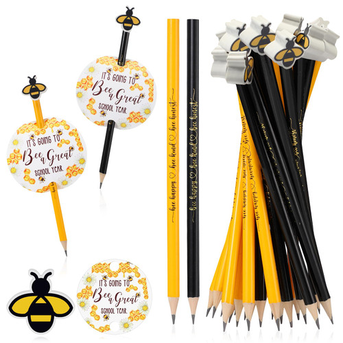 PerKoop Bee Themed Back to School Gifts Including Presharpened Cute Pencils Bee Erasers Back to School Postcards for First Day of School Kids Girl Boy Classroom Reward Party Favor (30)