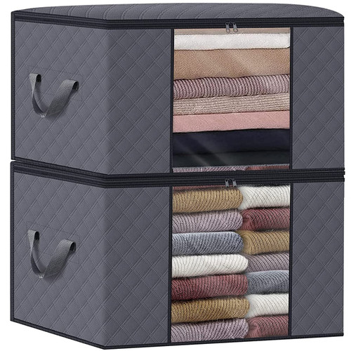 WISELIFE Clothes Storage Bags 100L [2 Pack ], Large Capacity Blanket Storage Containers Organizers for Comforters,Bedding,Clothing,Foldable 3 Layer Fabric,Sturdy Zippers,Reinforced Handle,Clear Window,Grey