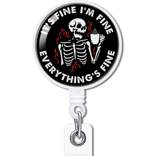 YAZMEEN It's Fine I'm Fine Everything's Fine Retractable Badge Reel with Alligator Clip Funny ID Badge Holder Funny Skeleton Badge Funny Nurse Badge Clear Card Holder for Office Worker Nurse Doctor