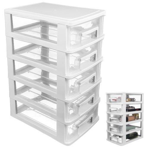 TOYANDONA Storage Cabinet 5 Drawer Plastic Storage, Storage Organizer Plastic Storage Bins with Drawers Space Saving Desktop Organizer for Crafts Small Tools Sationary and Hardware -White Bookshelf