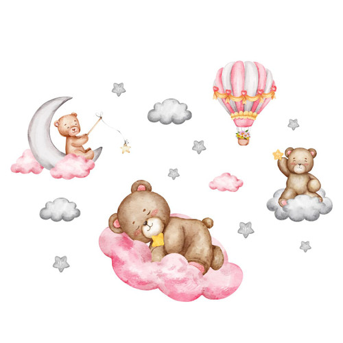 Tedy Bear Sleeping on The Moon and Cloud Wall Decals Pink Hot Air Balloon, Grey Stars Clounds Wall Stickers for Baby Nursery Kids Bedroom Playroom Baby Shower Gifts