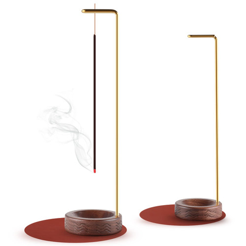 Incense Holder, ONUEMP Wooden Incense Holders for Sticks with Brass, Incense Burner Ash Catcher, Handmade Incense Sticks Holder with Brush and Mat for Home Office Decor Yoga Meditation Gift