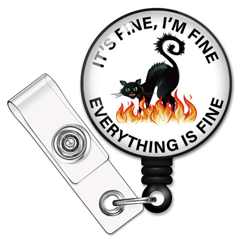 RZHV It's Fine I'm Fine Everything is Fine Retractable Badge Reel With Alligator Clip, Funny Black Cat ID Card Badge Holder Gift for Nurses Doctors Office Worker Social Worker Colleague Boss Cat Lover