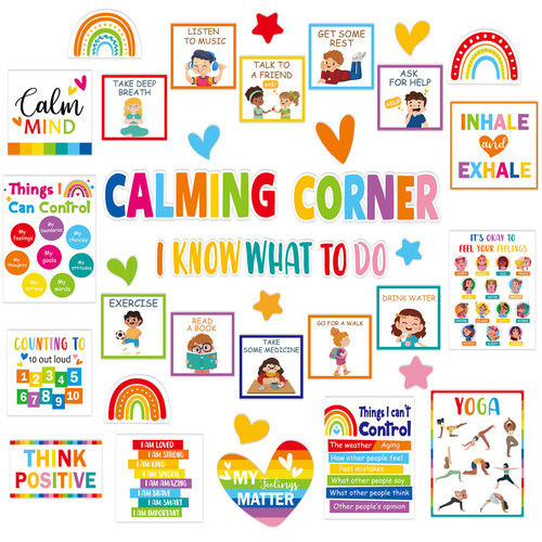 Colorful Calming Corner Classroom Bulletin Board Set Positive Quotes Motivational Poster Feelings Chart for Kids Calm Down Corner Therapy Decoration Emotion Dialectical Coping Skill for Wall Decor