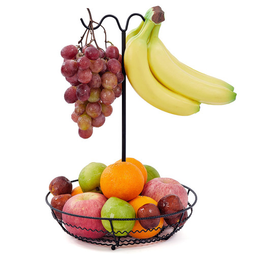 JINIHFW Fruit Basket Bowl with Banana Hanger,Countertop Fruit Vegetable Basket Bowl for Kitchen,Metal Wire Storage Basket Fruits Stand Holder Organizer for Bread Snack Veggies Produce, Black